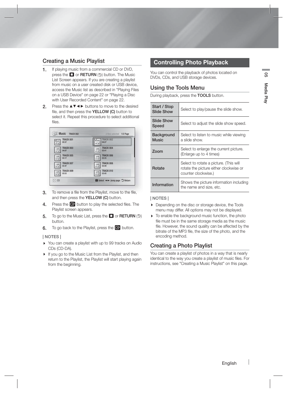Controlling photo playback, Creating a music playlist, Using the tools menu | Creating a photo playlist | Samsung HT-F4500-ZA User Manual | Page 25 / 39