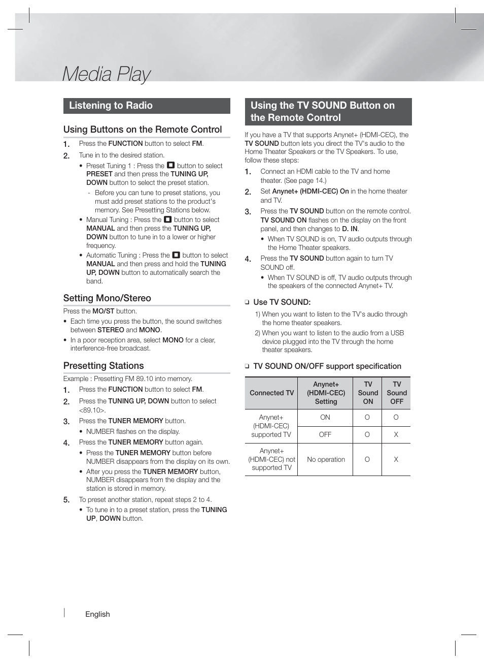 Media play, Listening to radio, Using the tv sound button on the remote control | Using buttons on the remote control, Setting mono/stereo, Presetting stations | Samsung HT-F4500-ZA User Manual | Page 26 / 39