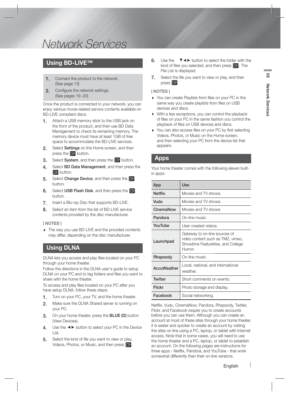 Network services, Using bd-live, Using dlna | Apps | Samsung HT-F4500-ZA User Manual | Page 27 / 39