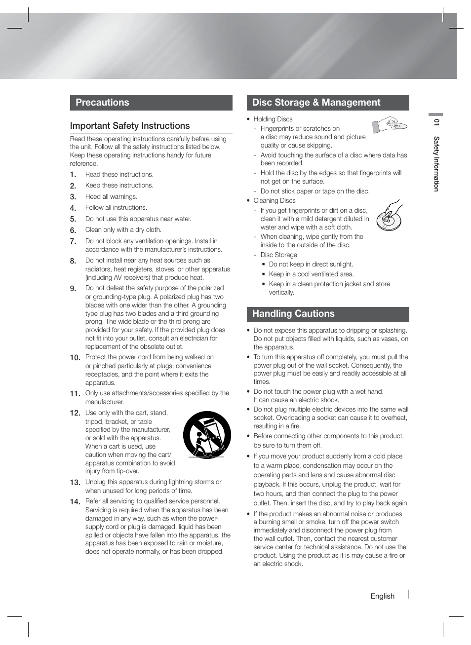 Precautions, Disc storage & management, Handling cautions | Important safety instructions | Samsung HT-F4500-ZA User Manual | Page 3 / 39