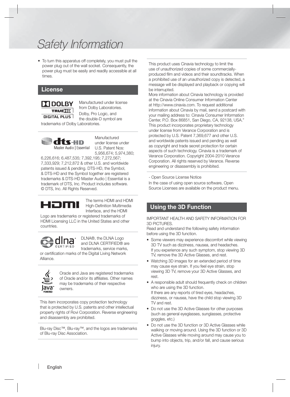 Safety information, License, Using the 3d function | Samsung HT-F4500-ZA User Manual | Page 4 / 39