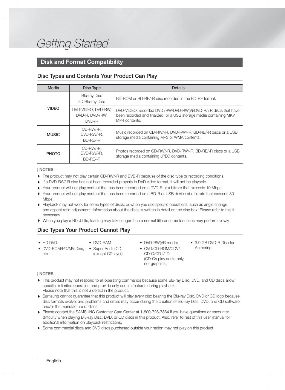Getting started, Disk and format compatibility, Disc types and contents your product can play | Disc types your product cannot play | Samsung HT-F4500-ZA User Manual | Page 6 / 39