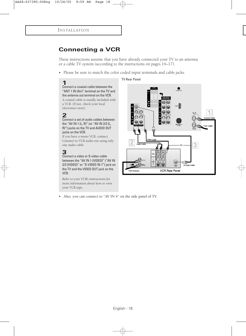 Connecting a vcr | Samsung TXR3081WHX-XAA User Manual | Page 18 / 80