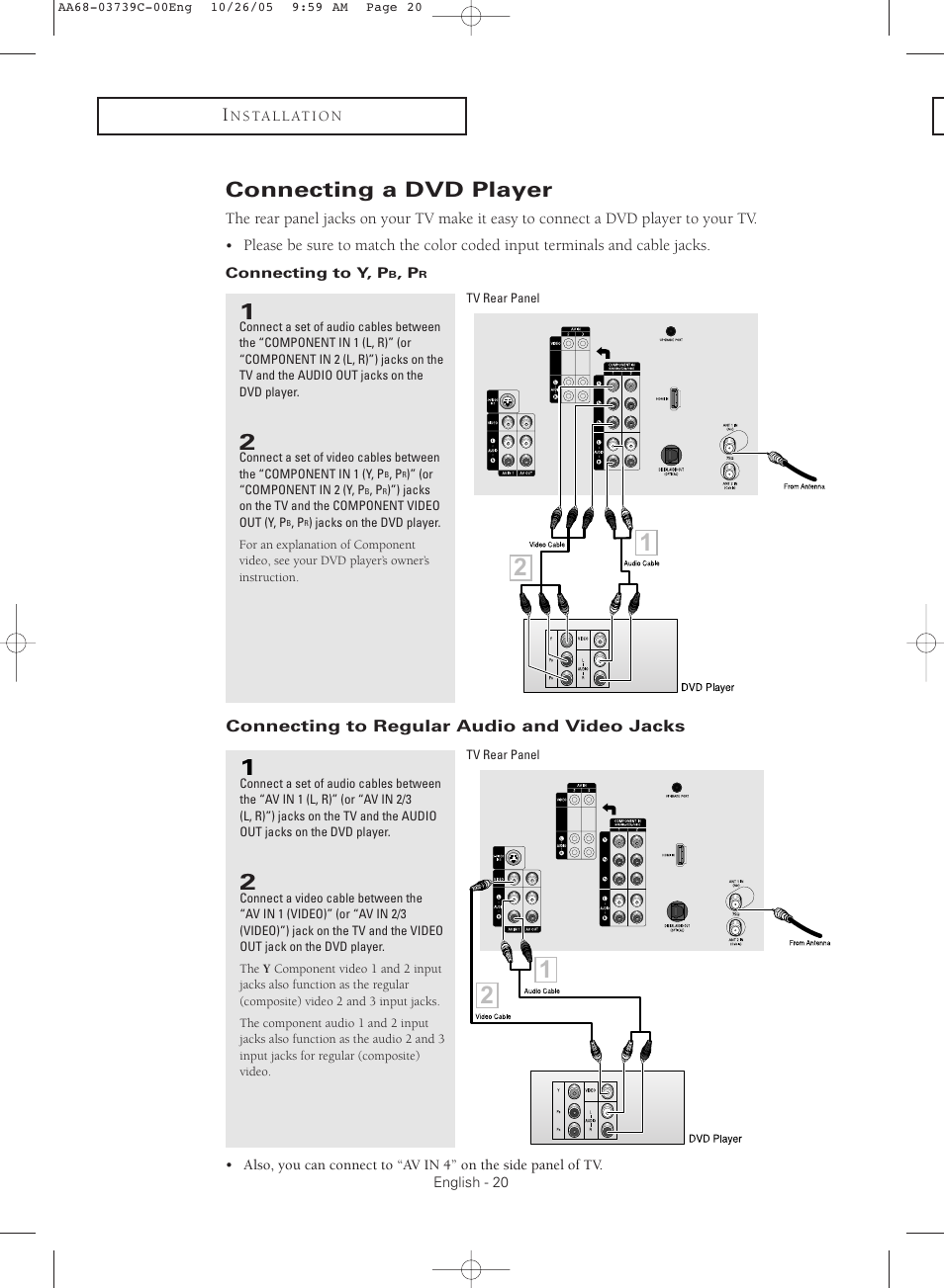 Connecting a dvd player, Connecting to y, pb, pr, Connecting to regular audio and video jacks | Samsung TXR3081WHX-XAA User Manual | Page 20 / 80