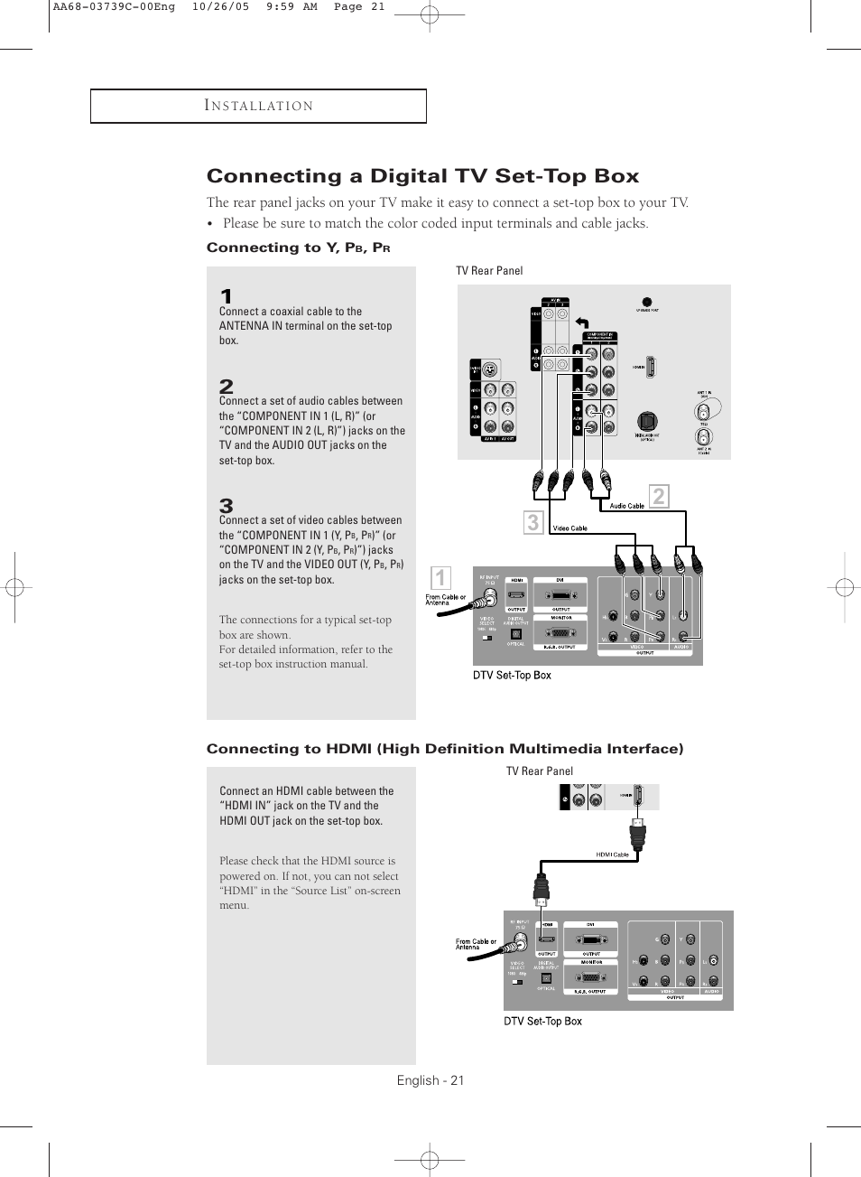 Connecting a digital tv set-top box, Connecting to y, pb, pr | Samsung TXR3081WHX-XAA User Manual | Page 21 / 80