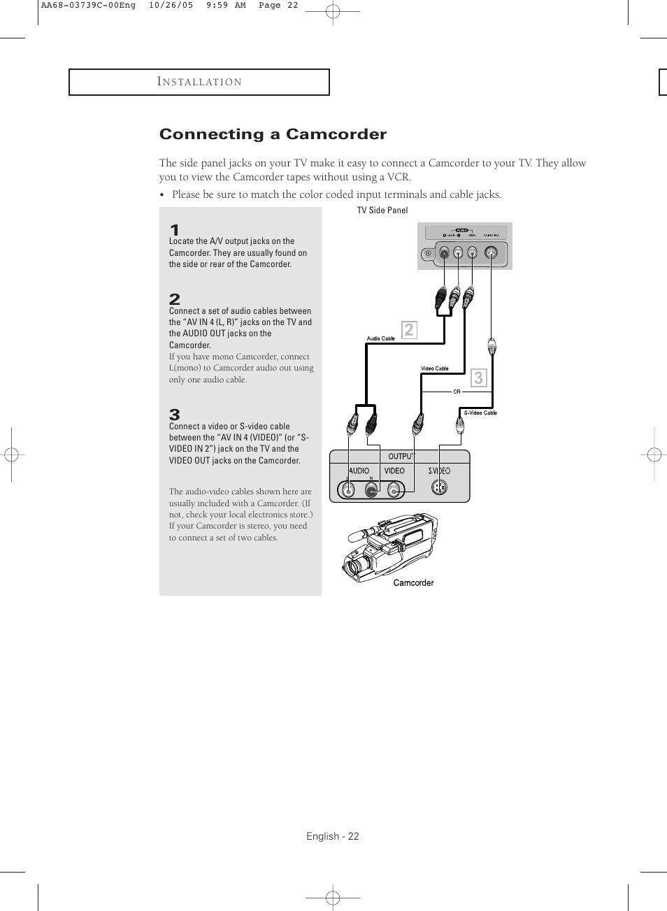 Connecting a camcorder | Samsung TXR3081WHX-XAA User Manual | Page 22 / 80