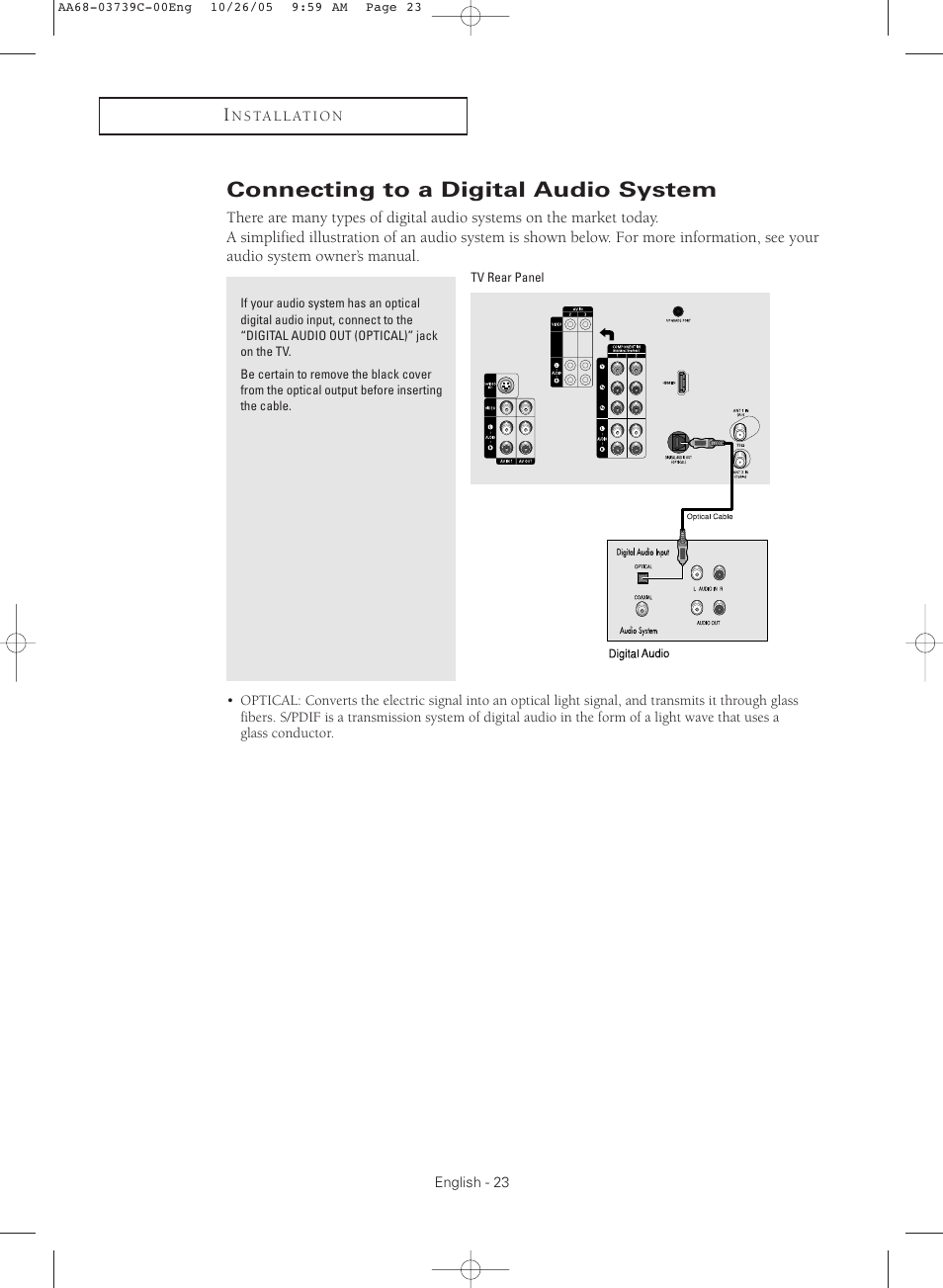 Connecting to a digital audio system | Samsung TXR3081WHX-XAA User Manual | Page 23 / 80