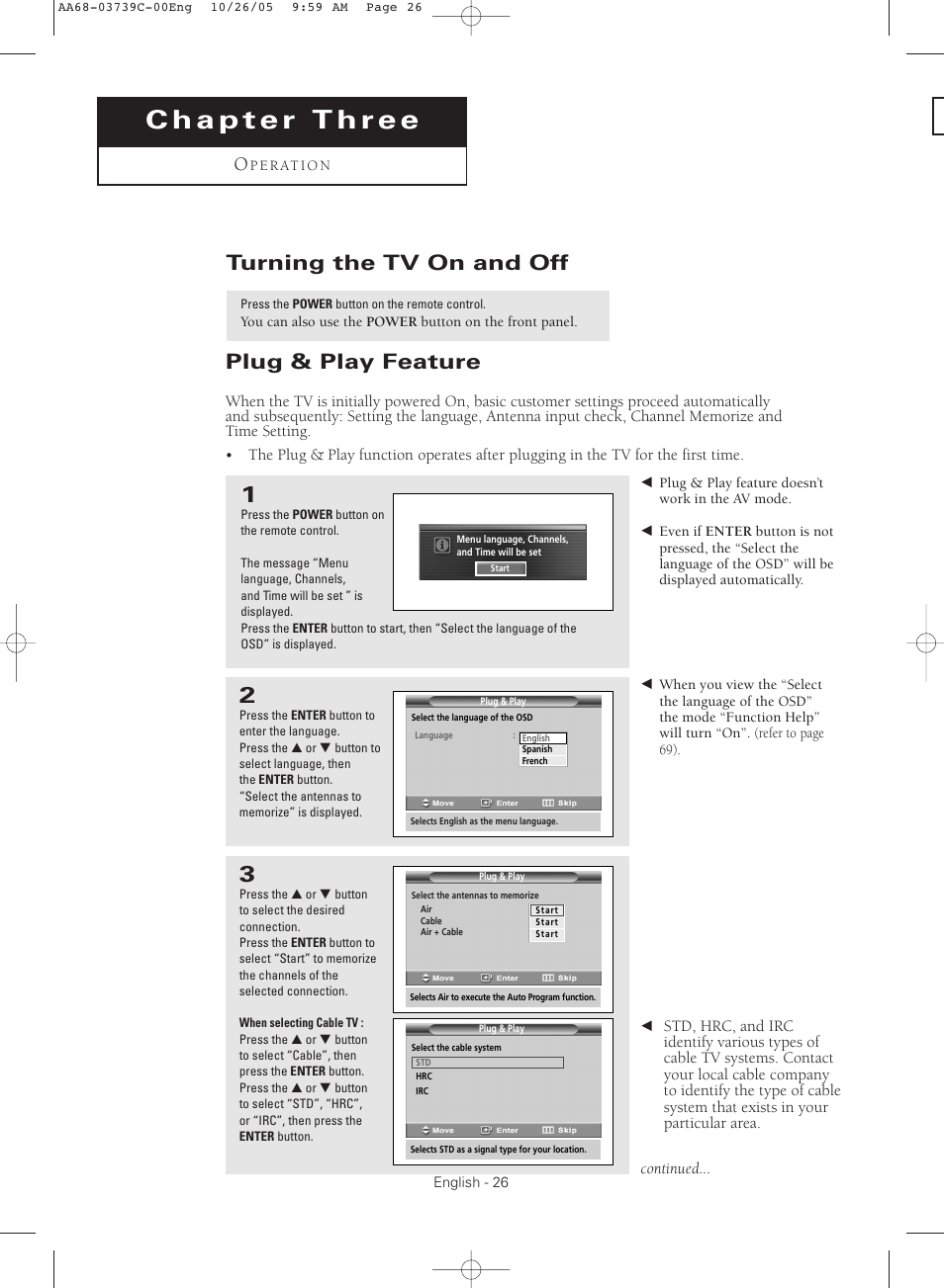 Chapter three : operation, Turning the tv on and off, Plug & play feature | Samsung TXR3081WHX-XAA User Manual | Page 26 / 80