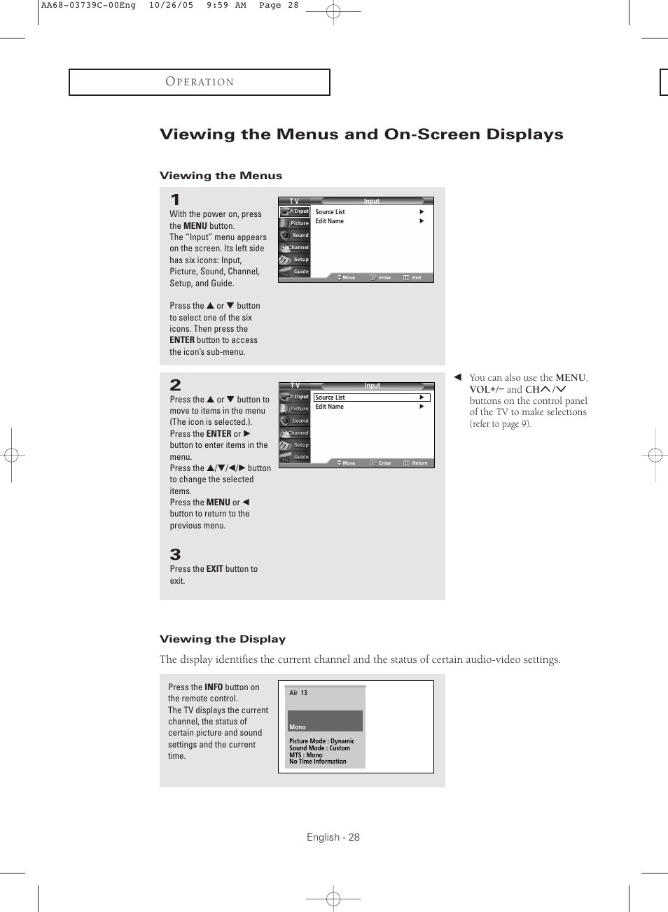 Viewing the menus and on-screen displays, Viewing the menus, Viewing the display | Samsung TXR3081WHX-XAA User Manual | Page 28 / 80