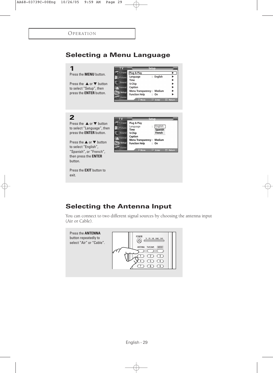 Selecting a menu language, Selecting the antenna input | Samsung TXR3081WHX-XAA User Manual | Page 29 / 80
