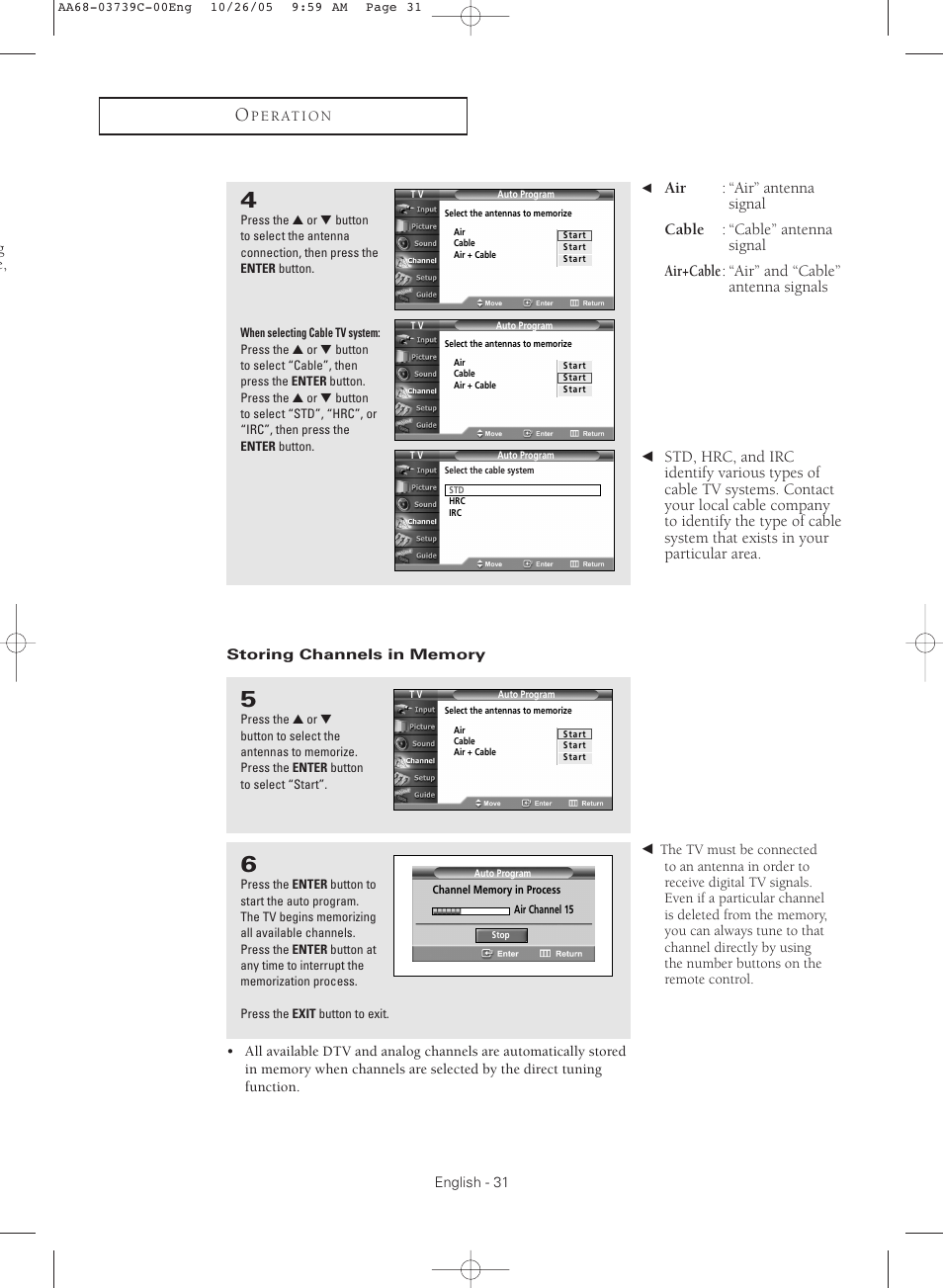 Storing channels in memory | Samsung TXR3081WHX-XAA User Manual | Page 31 / 80