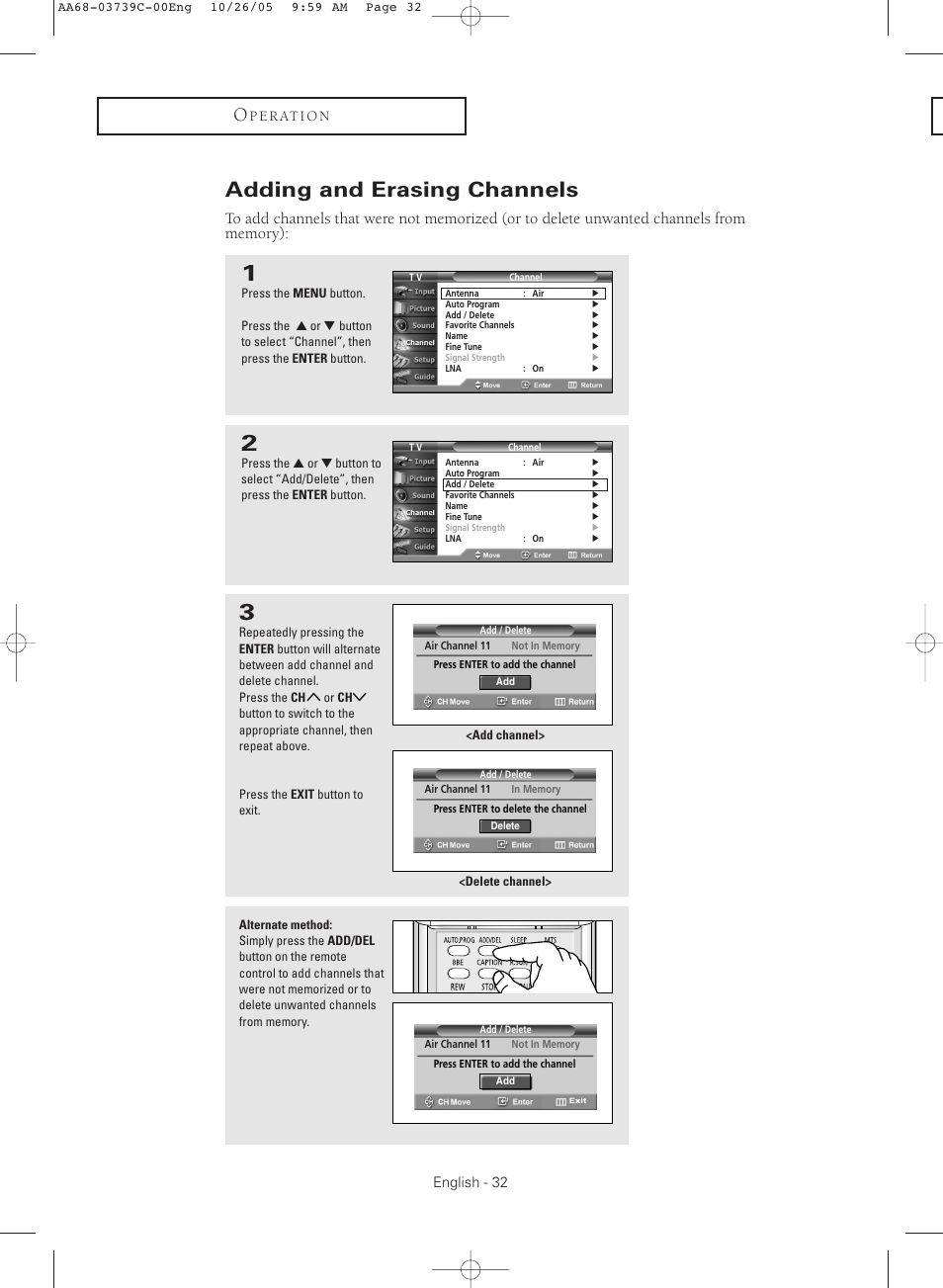 Adding and erasing channels | Samsung TXR3081WHX-XAA User Manual | Page 32 / 80