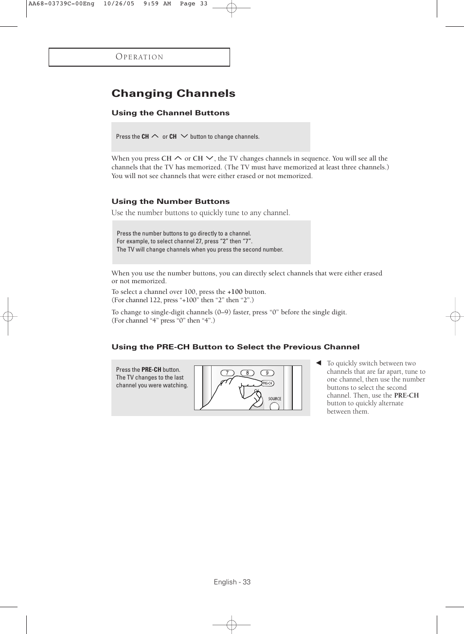 Changing channels, Using the channel buttons, Using the number buttons | Samsung TXR3081WHX-XAA User Manual | Page 33 / 80