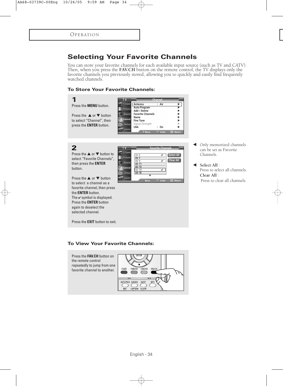 Selecting your favorite channels, To store your favorite channels, To view your favorite channels | Samsung TXR3081WHX-XAA User Manual | Page 34 / 80