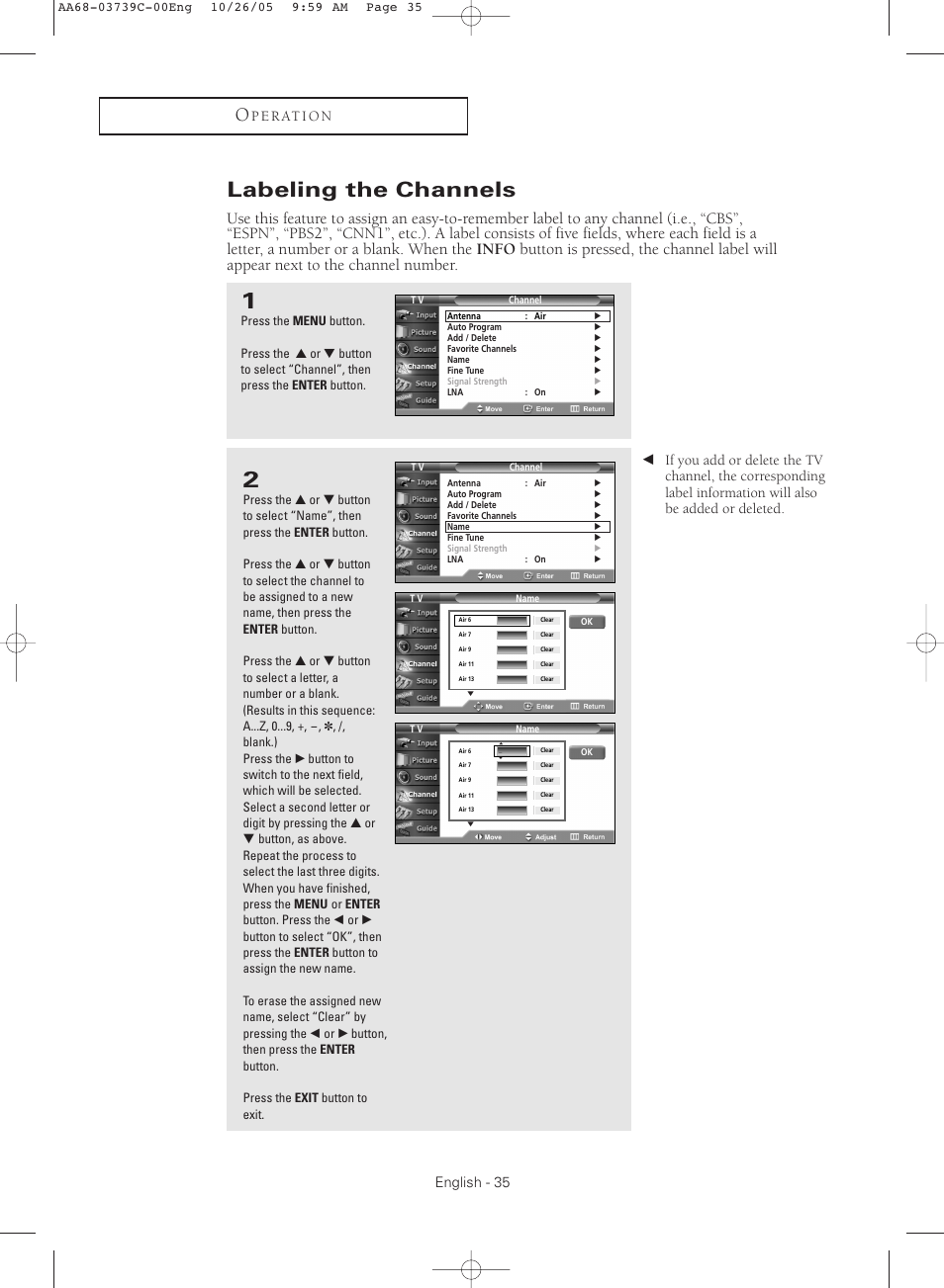 Labeling the channels | Samsung TXR3081WHX-XAA User Manual | Page 35 / 80