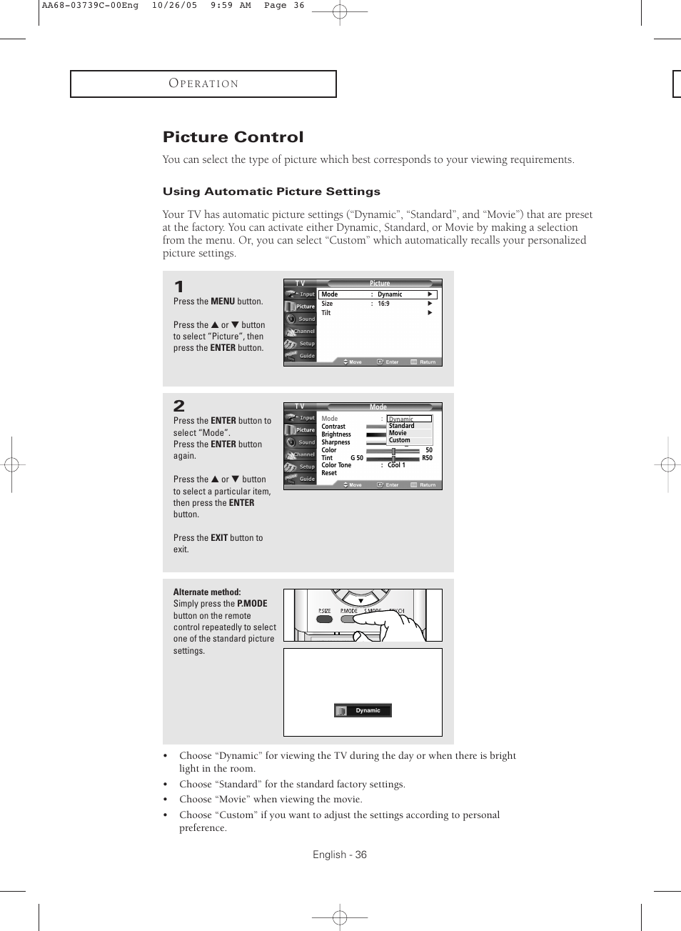 Picture control, Using automatic picture settings | Samsung TXR3081WHX-XAA User Manual | Page 36 / 80