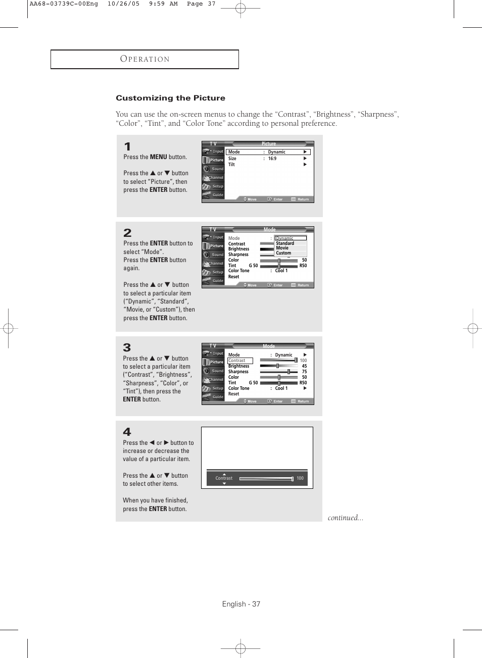 Customizing the picture, Continued | Samsung TXR3081WHX-XAA User Manual | Page 37 / 80