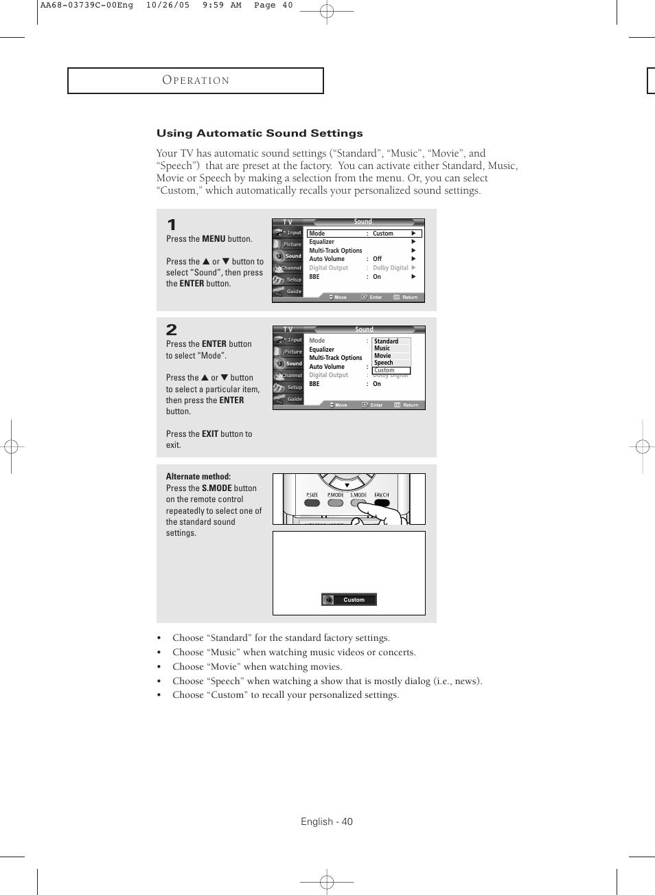 Using automatic sound settings | Samsung TXR3081WHX-XAA User Manual | Page 40 / 80