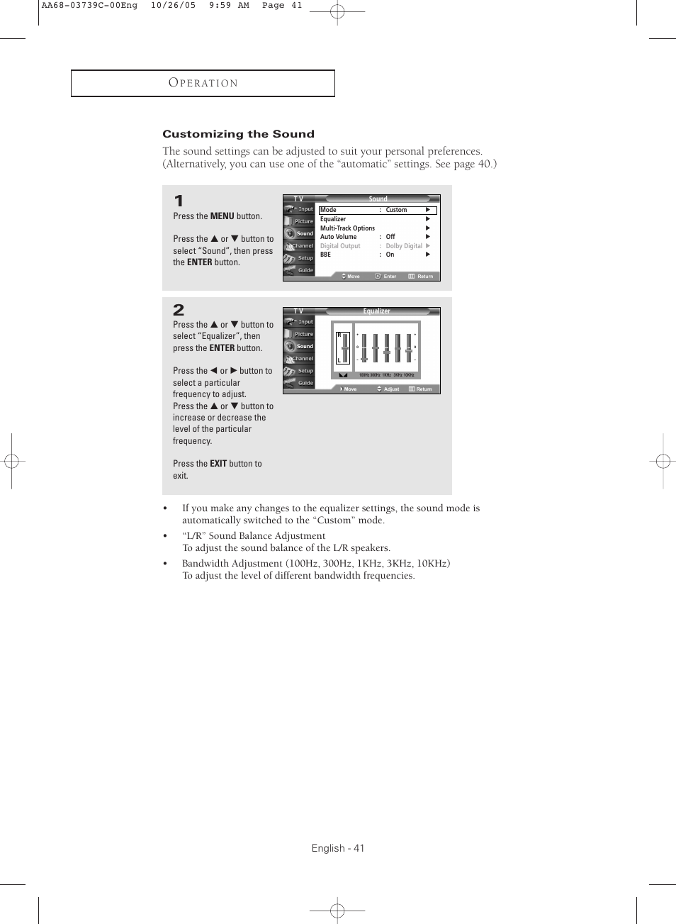 Customizing the sound | Samsung TXR3081WHX-XAA User Manual | Page 41 / 80
