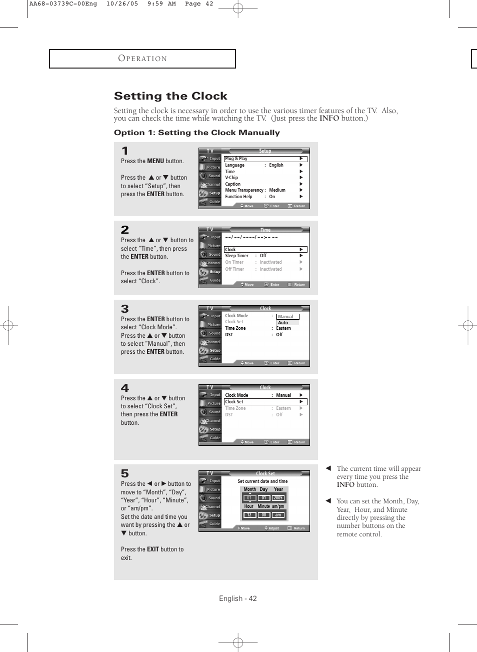 Setting the clock, Option 1: setting the clock manually | Samsung TXR3081WHX-XAA User Manual | Page 42 / 80