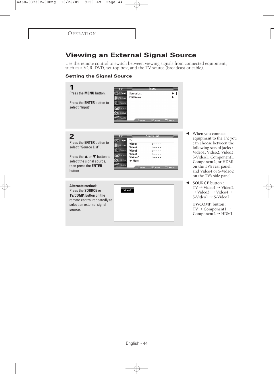 Viewing an external signal source, Setting the signal source | Samsung TXR3081WHX-XAA User Manual | Page 44 / 80