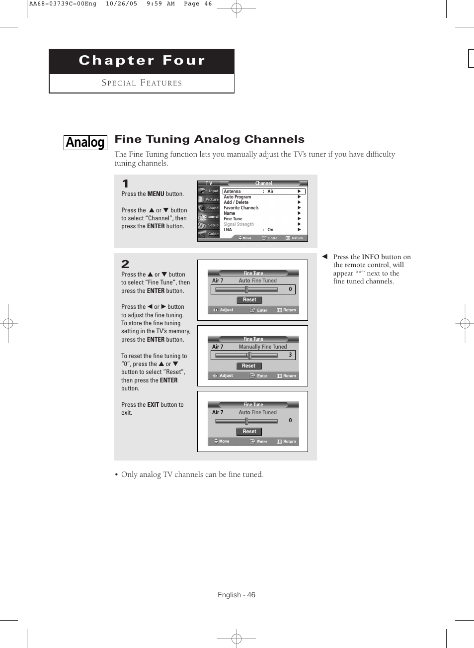 Chapter fourspecial features, Analog] fine tuning analog channels, Analog | Fine tuning analog channels | Samsung TXR3081WHX-XAA User Manual | Page 46 / 80