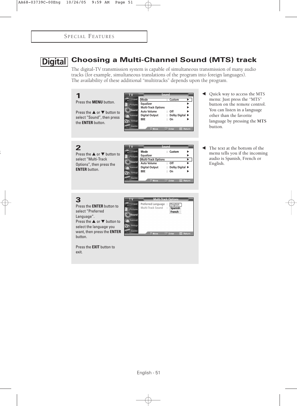 Digital, Choosing a multi-channel sound (mts) track | Samsung TXR3081WHX-XAA User Manual | Page 51 / 80