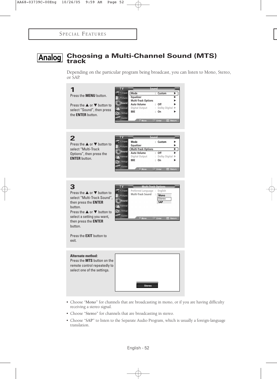 Analog] choosing a multi-channel sound (mts)track, Analog, Choosing a multi-channel sound (mts) track | Samsung TXR3081WHX-XAA User Manual | Page 52 / 80