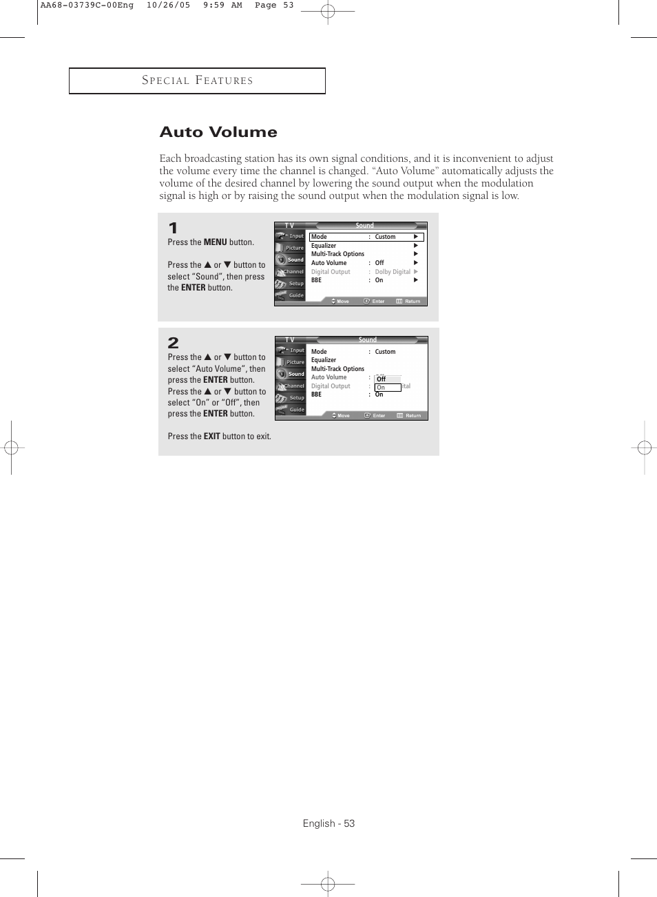 Auto volume | Samsung TXR3081WHX-XAA User Manual | Page 53 / 80