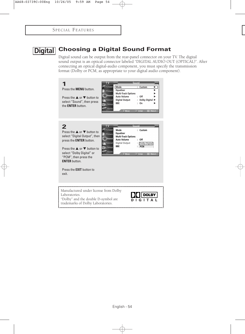 Digital] choosing a digital sound format, Digital, Choosing a digital sound format | Samsung TXR3081WHX-XAA User Manual | Page 54 / 80