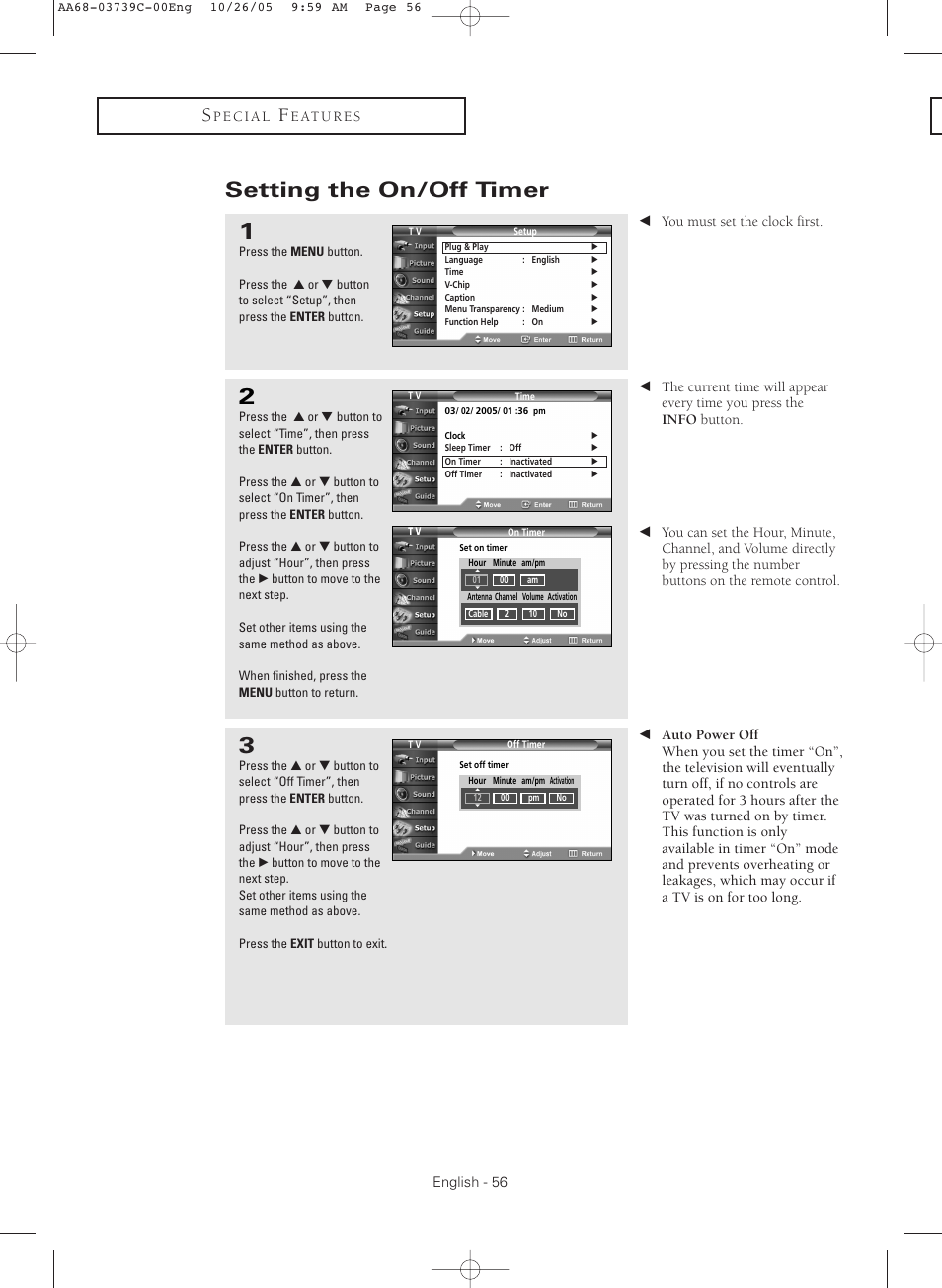Setting the on/off timer | Samsung TXR3081WHX-XAA User Manual | Page 56 / 80