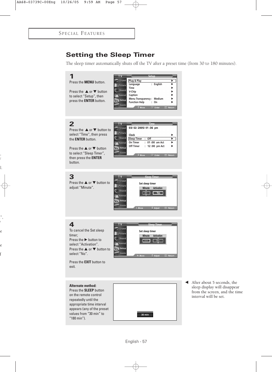 Setting the sleep timer | Samsung TXR3081WHX-XAA User Manual | Page 57 / 80