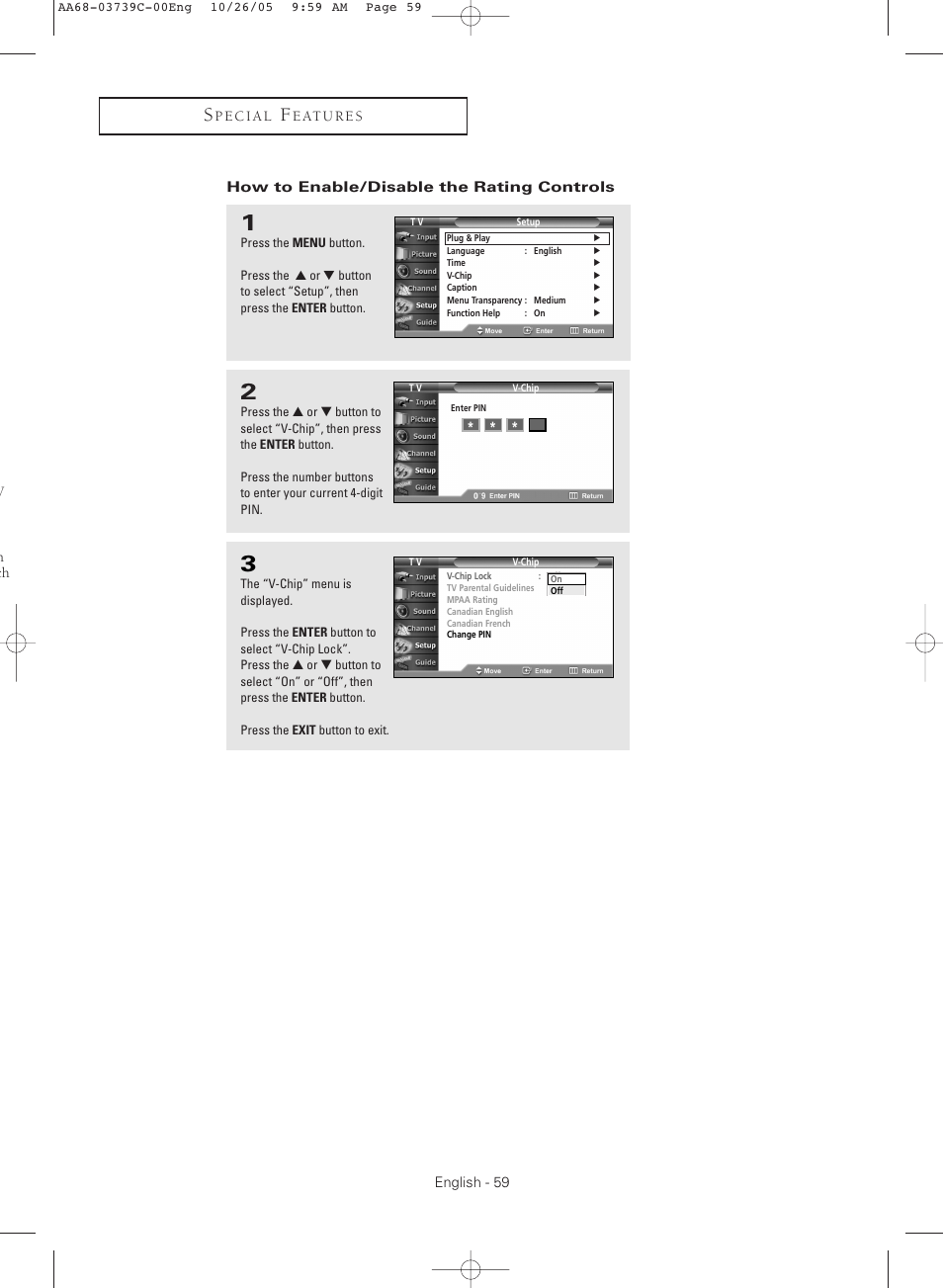 How to enable/disable the rating controls | Samsung TXR3081WHX-XAA User Manual | Page 59 / 80