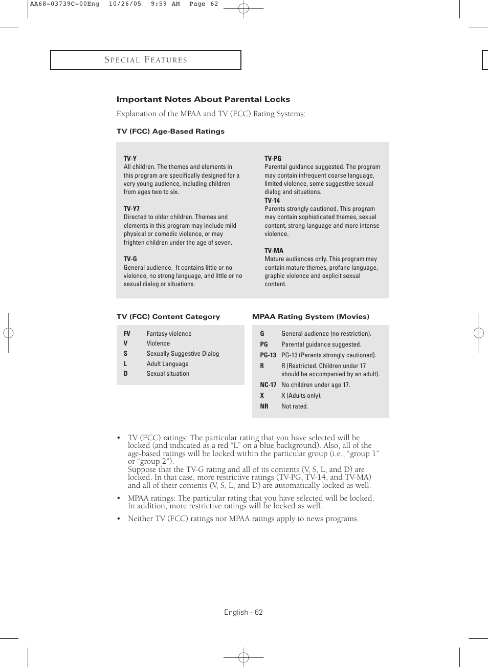 Important notes about parental locks | Samsung TXR3081WHX-XAA User Manual | Page 62 / 80