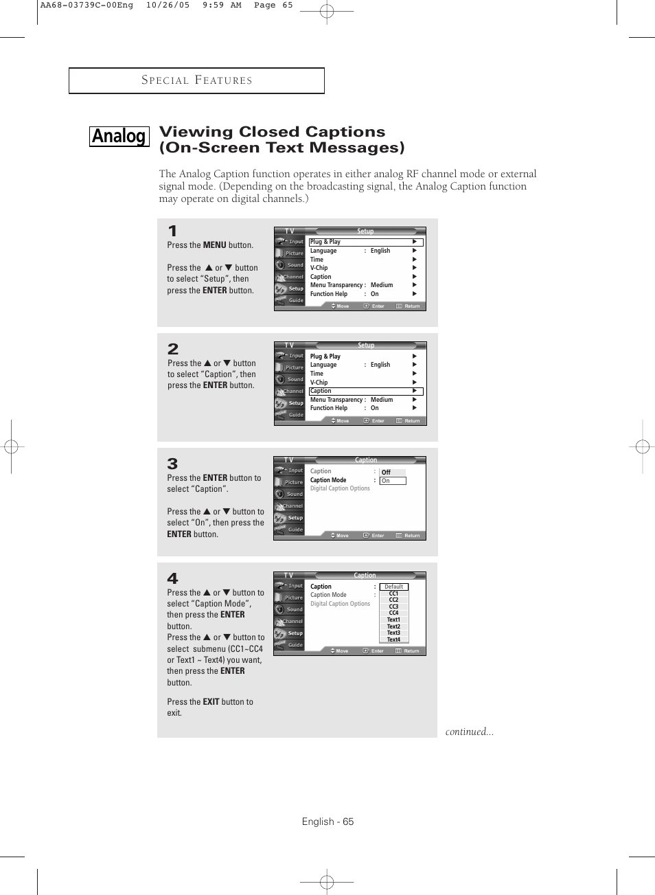 Analog, Viewing closed captions (on-screen text messages), Continued | Samsung TXR3081WHX-XAA User Manual | Page 65 / 80