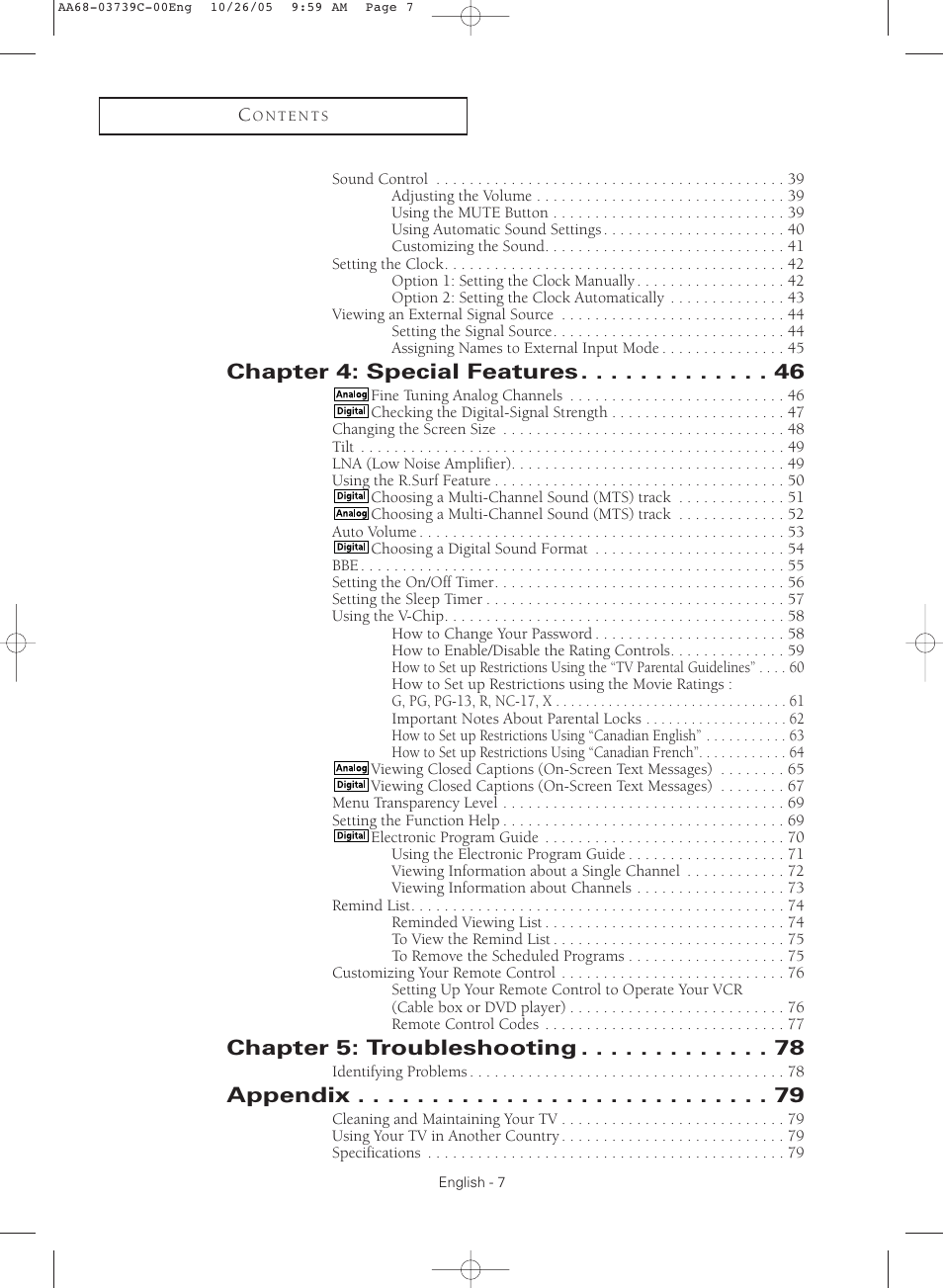 Chapter 4: special features, Chapter 5: troubleshooting, Appendix | Samsung TXR3081WHX-XAA User Manual | Page 7 / 80