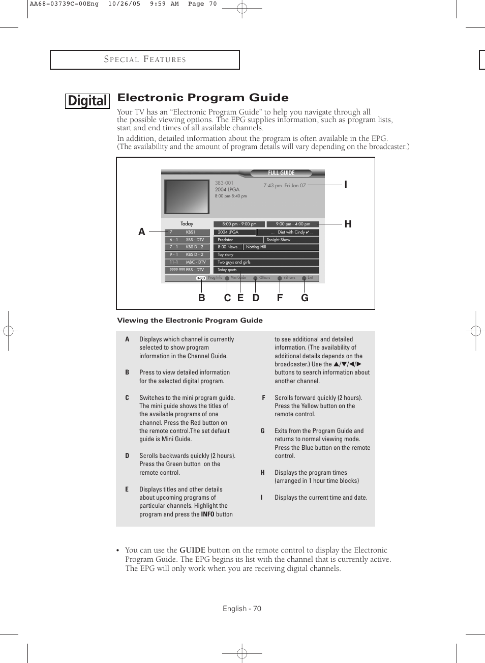 Digital] electronic program guide, Digital, Electronic program guide | Ia h | Samsung TXR3081WHX-XAA User Manual | Page 70 / 80