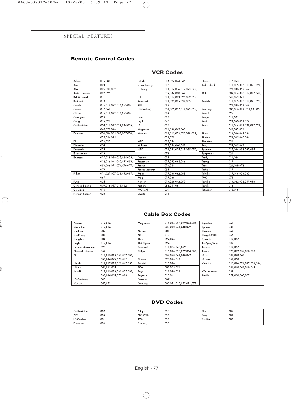 Remote control codes | Samsung TXR3081WHX-XAA User Manual | Page 77 / 80