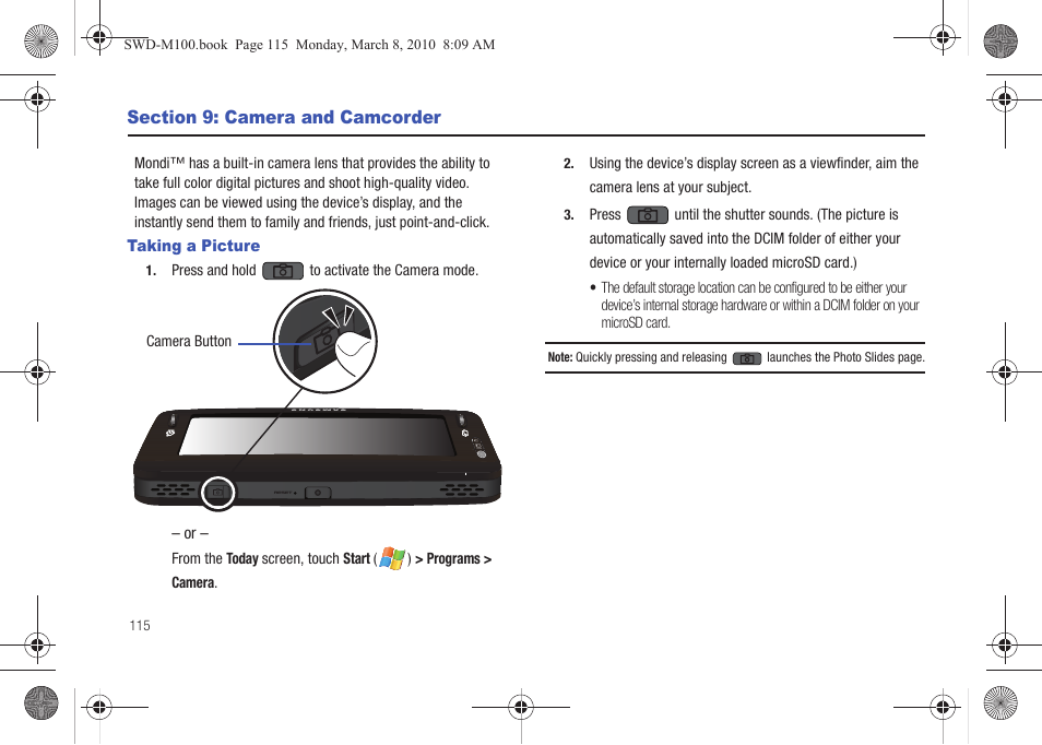Section 9: camera and camcorder, Taking a picture | Samsung SWD-M100ZKECLW User Manual | Page 118 / 159