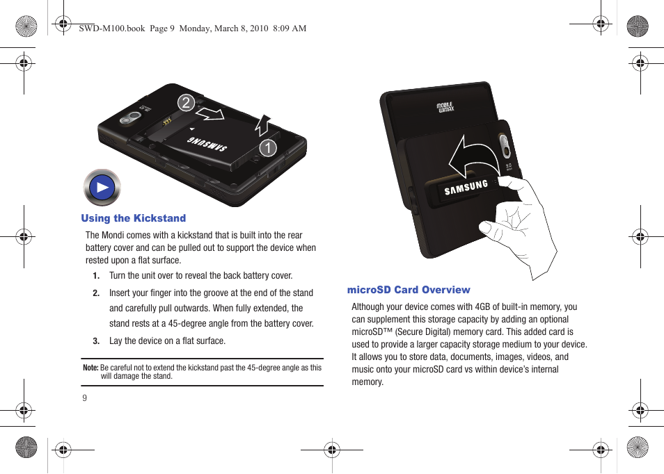 Using the kickstand, Microsd card overview, Using the kickstand microsd card overview | Samsung SWD-M100ZKECLW User Manual | Page 12 / 159