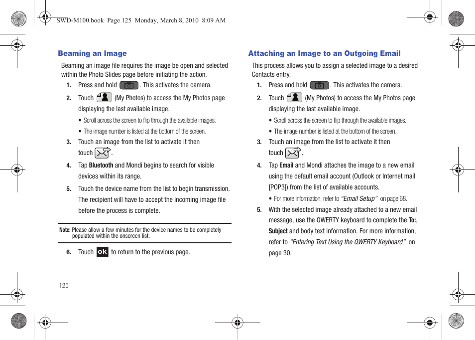 Beaming an image, Attaching an image to an outgoing email | Samsung SWD-M100ZKECLW User Manual | Page 128 / 159