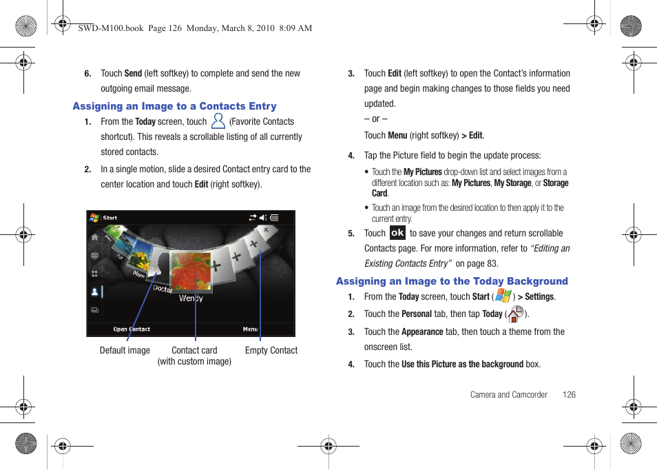 Assigning an image to a contacts entry, Assigning an image to the today background | Samsung SWD-M100ZKECLW User Manual | Page 129 / 159