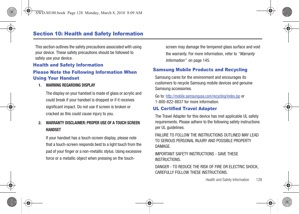 Section 10: health and safety information, Health and safety information, Samsung mobile products and recycling | Ul certified travel adapter, Your handset | Samsung SWD-M100ZKECLW User Manual | Page 131 / 159