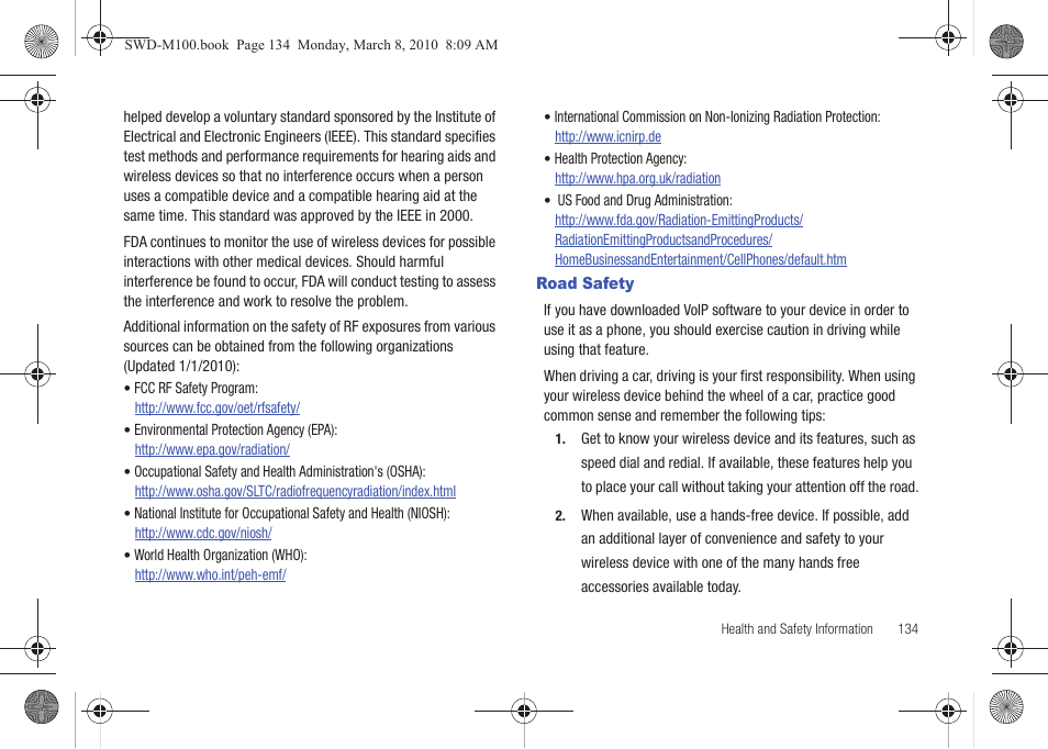 Road safety | Samsung SWD-M100ZKECLW User Manual | Page 137 / 159