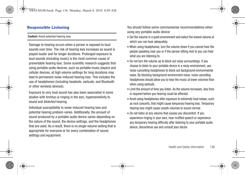 Responsible listening | Samsung SWD-M100ZKECLW User Manual | Page 139 / 159