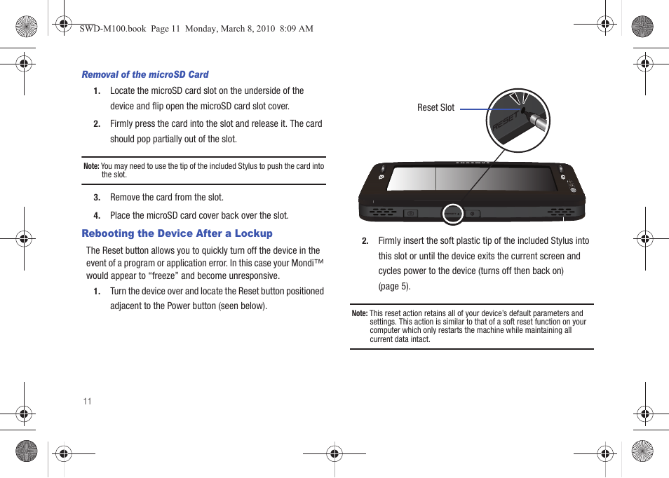 Rebooting the device after a lockup | Samsung SWD-M100ZKECLW User Manual | Page 14 / 159