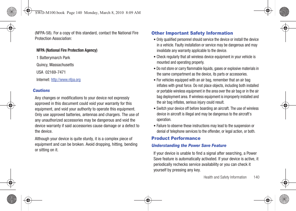 Other important safety information, Product performance | Samsung SWD-M100ZKECLW User Manual | Page 143 / 159