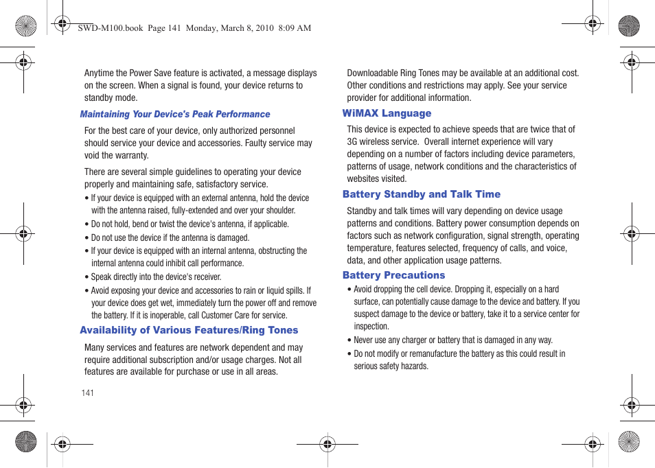 Availability of various features/ring tones, Wimax language, Battery standby and talk time | Battery precautions | Samsung SWD-M100ZKECLW User Manual | Page 144 / 159