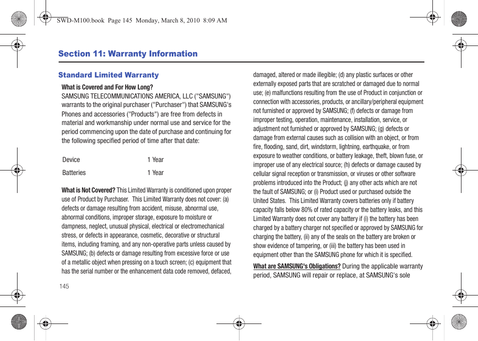 Section 11: warranty information, Standard limited warranty | Samsung SWD-M100ZKECLW User Manual | Page 148 / 159