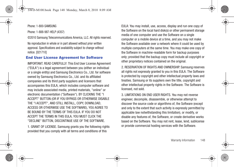 End user license agreement for software | Samsung SWD-M100ZKECLW User Manual | Page 151 / 159
